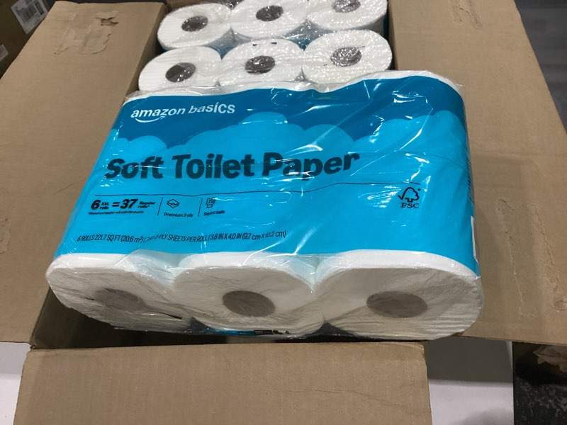 Condition photo showing New/Like New for amazon basics 2-ply soft toilet paper, 6 rolls, 350 sheets per roll, equivalent to 37 regular rolls, septic safe 6 rolls (350 sheets each)