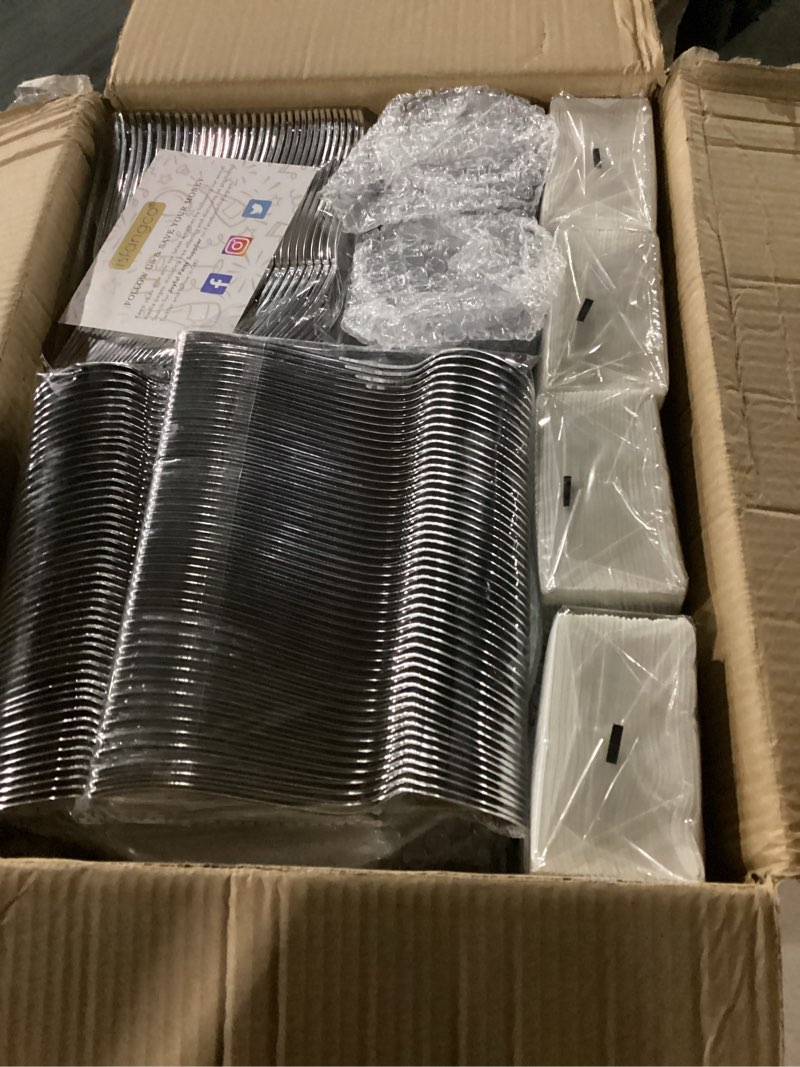 Condition photo showing New/Like New for Goodluck 600 Piece Disposable Silver Plates for 100 Guests, Plastic Dinnerware Set of 100 Dinner Plates, 100 Salad Plates, 100 Spoons, 100 Forks, 100 Knives, 100 Cups, Plastic Plates for Party Silver 100 Guests