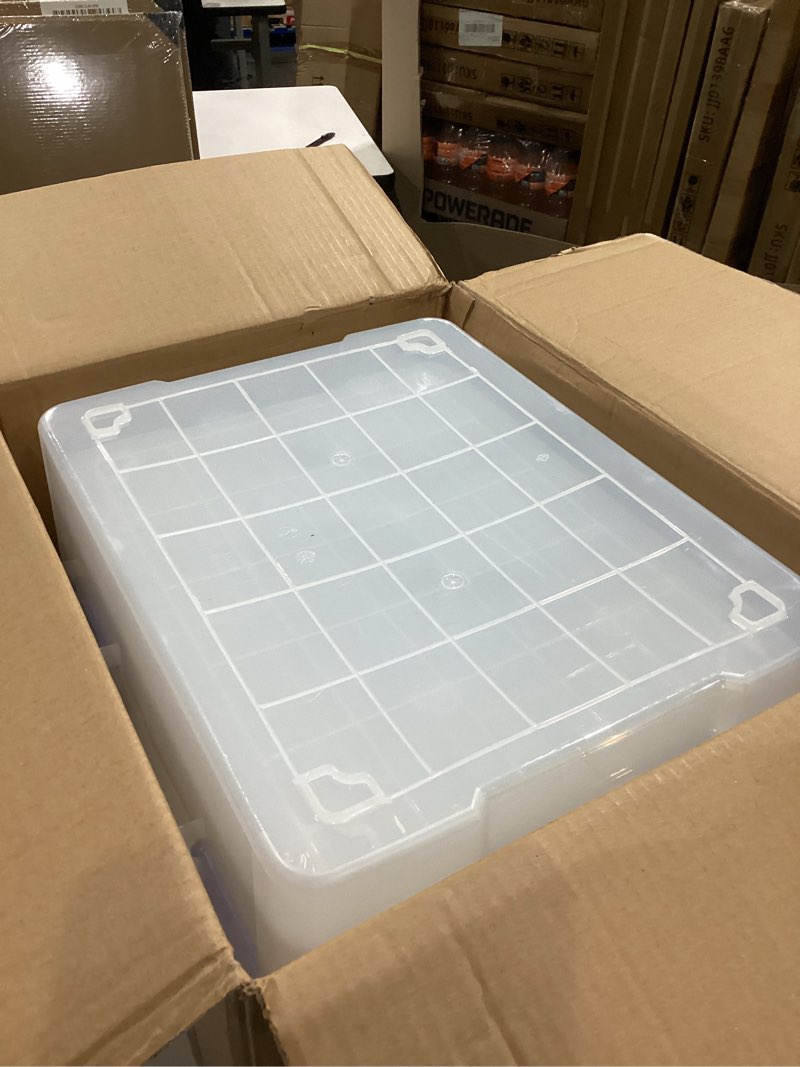 Condition photo showing Good Condition for IRIS USA WeatherPro 27 Qt Storage Bins with Lids, 3 Pack, BPA-Free Plastic Gasket Box with Tight Latch and Seal, Stackable Nestable Tote Tub - Clear/Blue 27 Qt. - 3 Pack