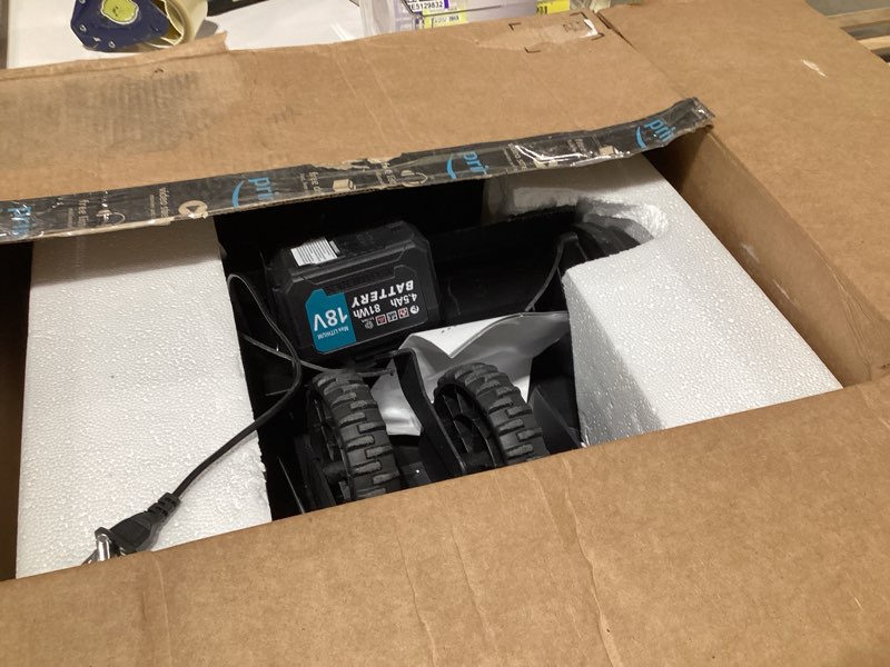 Condition photo showing Good Condition for 17-inch cordless snow shovel with wheels, 9000mah brushless electric snow blower battery powered, 20-30 ft snow thrower distance&adjustable plate, snow removal for driveway deck sidewalks blue 17inch with 2 battery