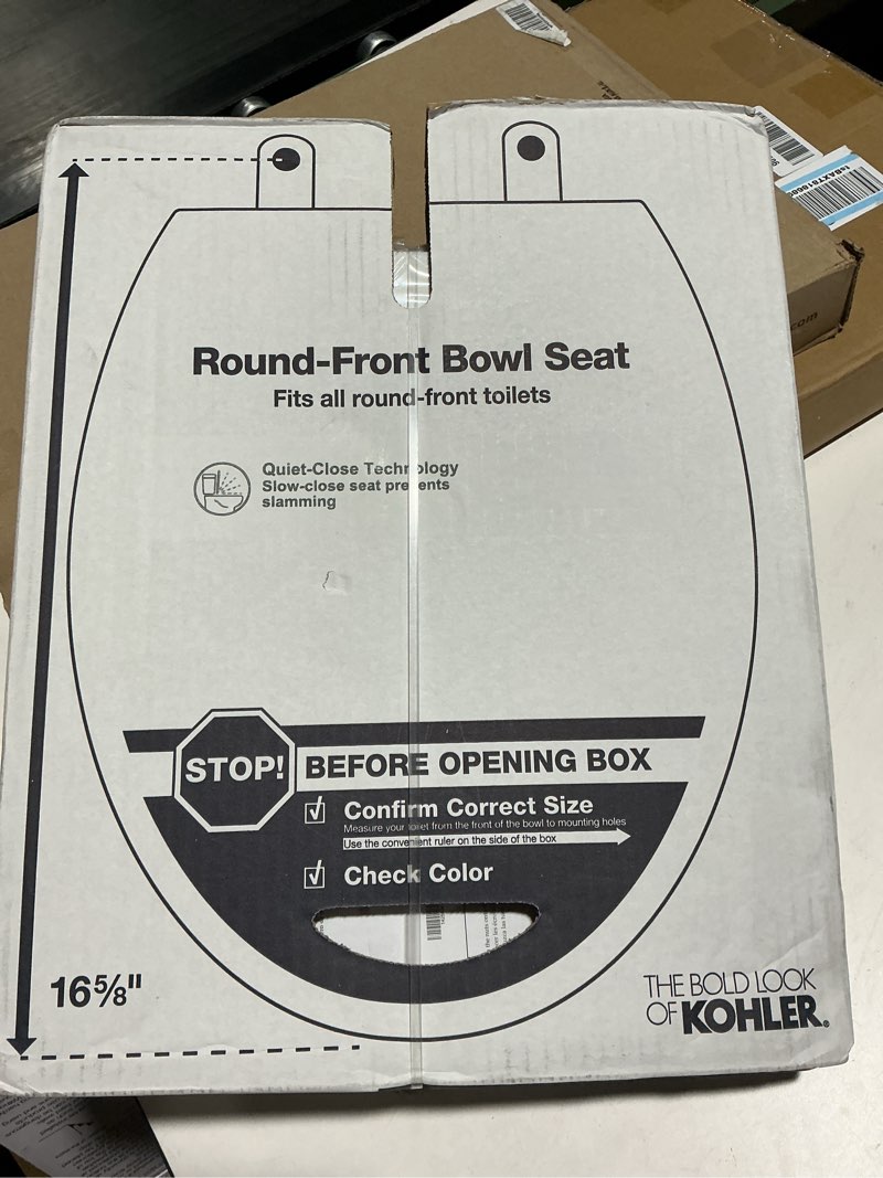 Condition photo showing New/Like New for kohler 20111-0 brevia, slow close toilet seat, round toilet seat, grip-tight bumpers quick-attach hardware, white