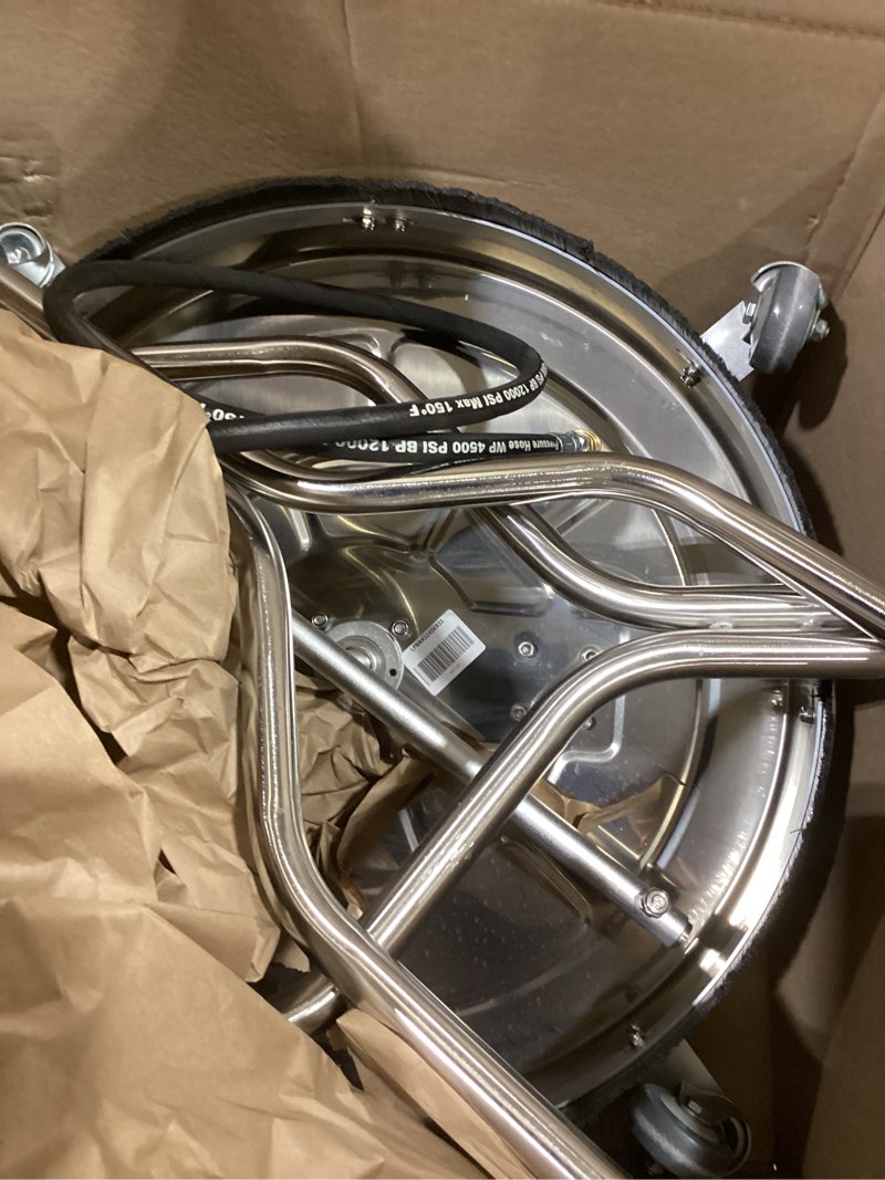 Condition photo showing New/Like New for janz 24'' pressure washer surface cleaner with 4 wheels,dual handle,stainless steel housing, 4 replacement nozzle cores and 2 hose adapters,ideal for driveways, sidewalks,patios,decks cleaning 24 inch