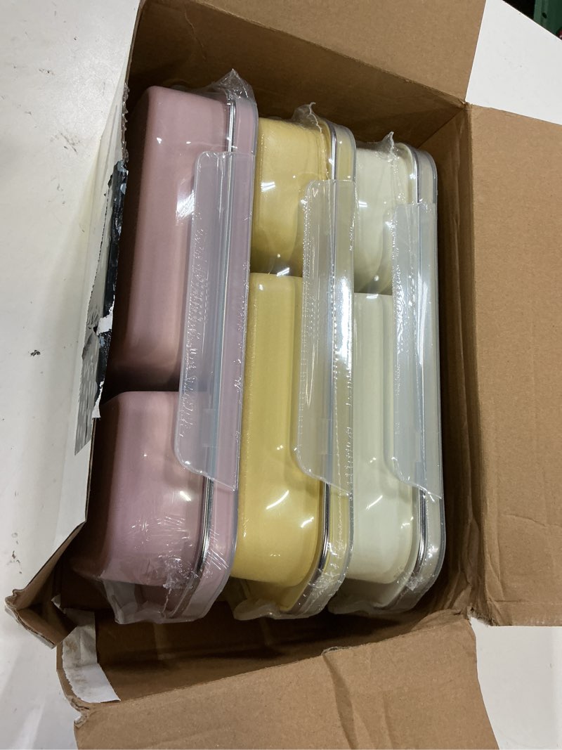 Condition photo showing New/Like New for foldtier 3 pack stainless steel snack container for adults 2-compartment leak-proof lunch box for work, travel 10.6 x 4.1 x 2 inch stackable reusable metal bento box (pink,yellow,white) pink,yellow,white, 3