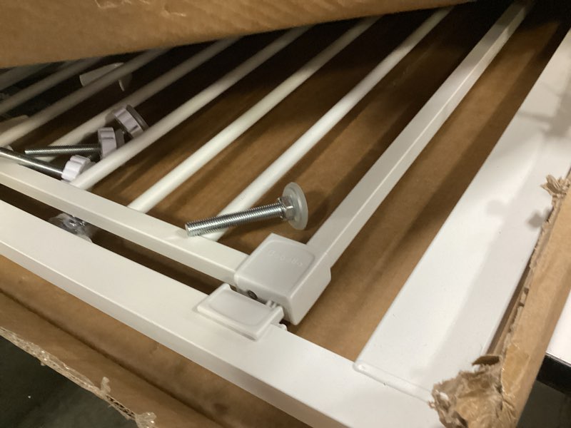 Condition photo showing As Is for babelio baby gate for doorways and stairs, 31-36" pet gate with wide walk thru door and lock indicator, no drill pressure mounted safety gate with double lock and self-closing, white white 31-36"w, 30"h