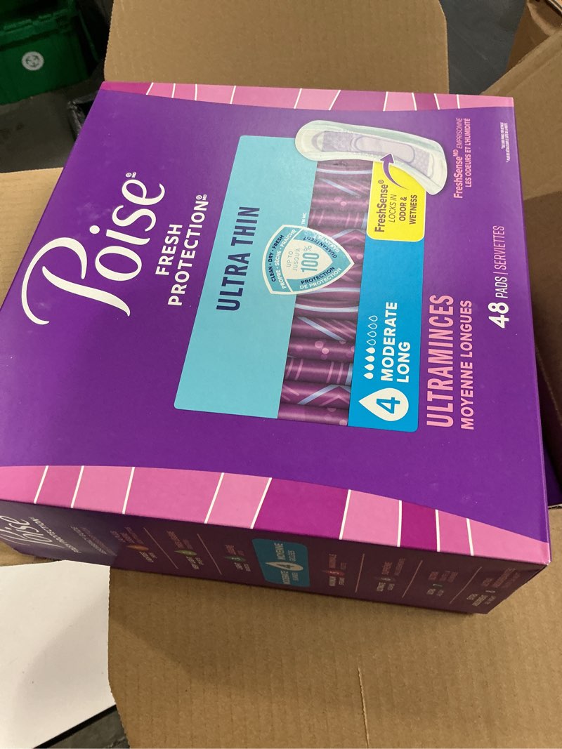 Condition photo showing New/Like New for poise ultra thin incontinence pads & postpartum pads for bladder leaks, 4 drop moderate absorbency, long length, 144 count, packaging may vary long length 144