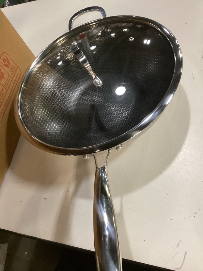 Condition photo showing Good Condition for woks & stir-fry pans nonstick, 12.5" stainless steel wok with lid | tri-ply honeycomb hybrid stir fry wok pan | induction & oven safe | dishwasher safe large (12.5" + lid)