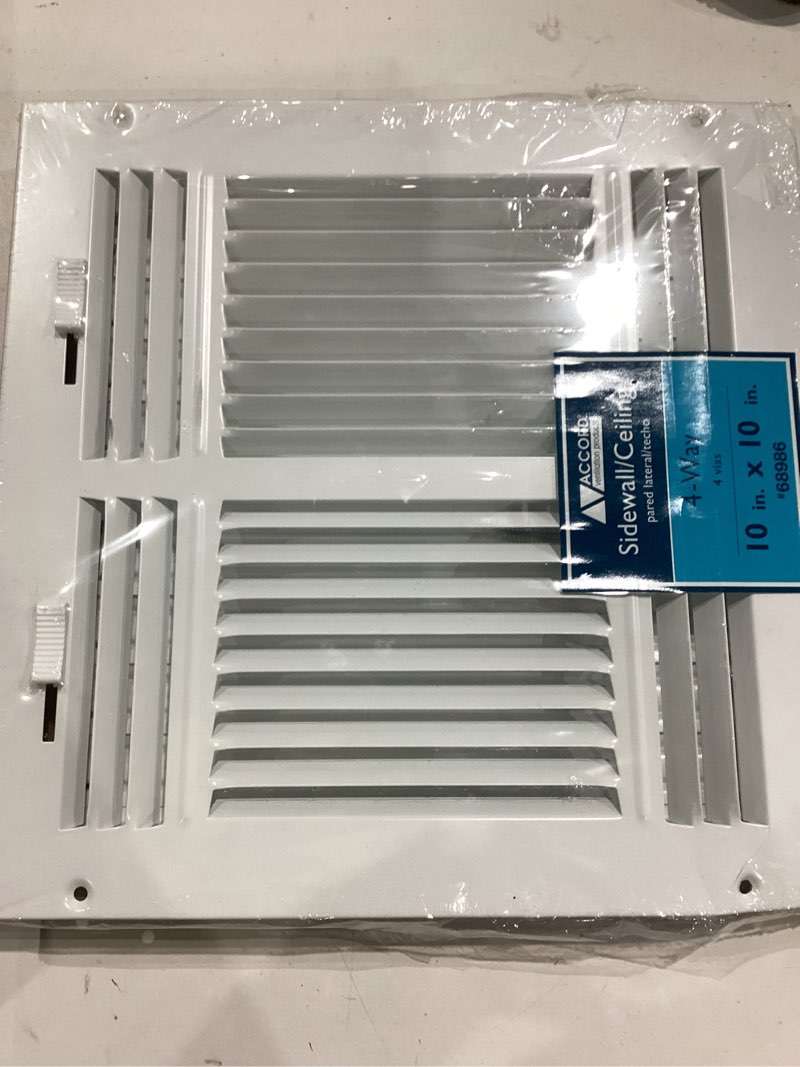 Condition photo showing As Is for accord abswwh41010 sidewall/ceiling register with 4-way design, 10-inch x 10-inch(duct opening measurements), white
