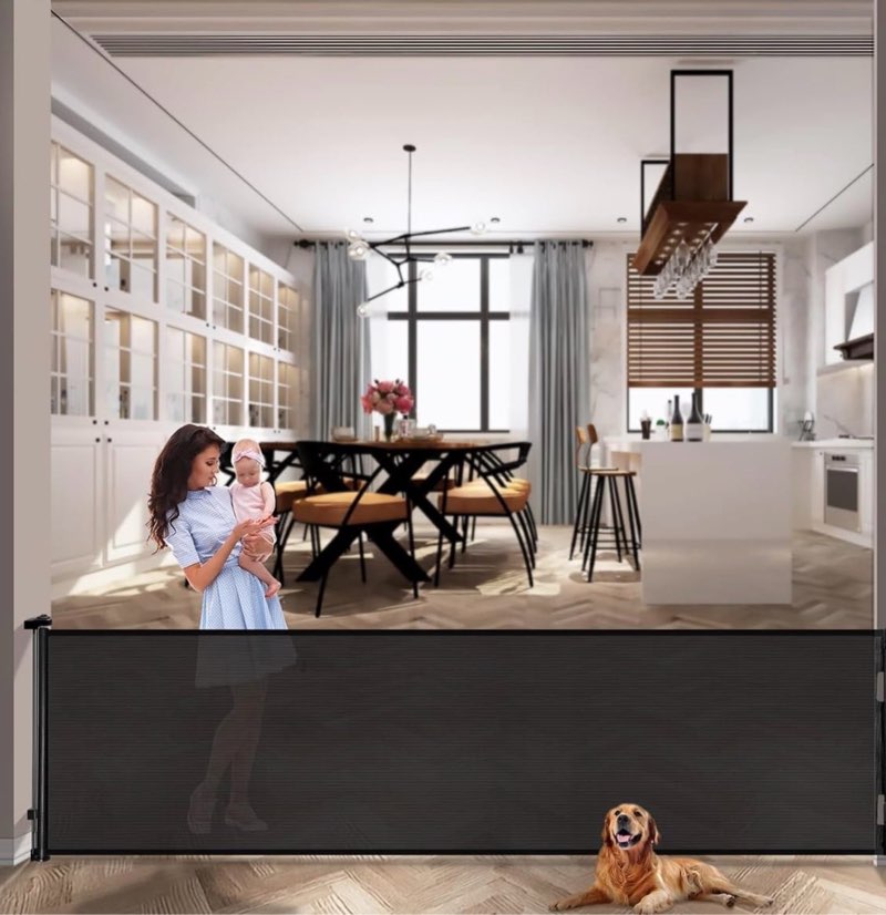 118" Extra Wide Retractable Mesh Gate, Pet or Baby Safety Gate for Indoor/Outdoor Use, Stairs, Deck, Black Black 33x118 Inch