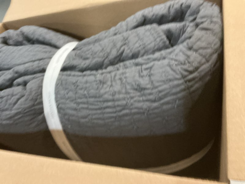 Condition photo showing New/Like New for levtex home cross stitch reversible king bedspread set (120x104in) with 2 pillow shams (36x20in) - stitch texture - charcoal - cotton king size bedspread set - soft, pre-washed bedspread - king charcoal