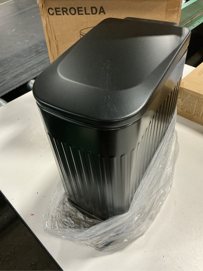 Condition photo showing Good Condition for small bathroom trash can with lid soft close-6l/1.6 gal slim step garbage can-metal pedal wastebasket-narrow rectangle garbage container bin for corner office, bedroom, toilet, live room-black embossed-black 1.3 gallon