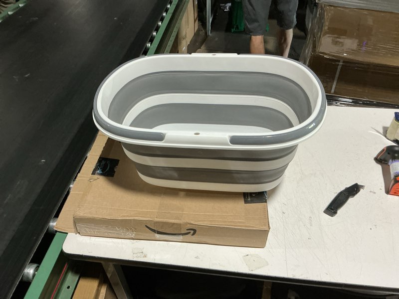 Condition photo showing As Is for sammart 34l (8.98gallon) collapsible plastic laundry basket-oval tub/basket-foldable storage container/organizer-portable washing tub-space saving,water capacity 29l (7.66 gallon) (1, grey)