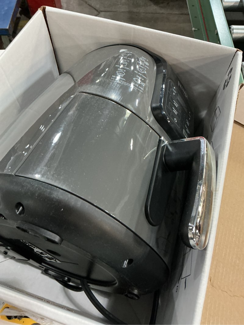 Condition photo showing As Is for ninja air fryer | 4 qt capacity | 4-in-1 roast, crisp, roast, reheats, & dehydrates | dishwasher safe parts | 105°f-400°f | includes 20 easy & healthy recipes | 1550 watt | grey | af101