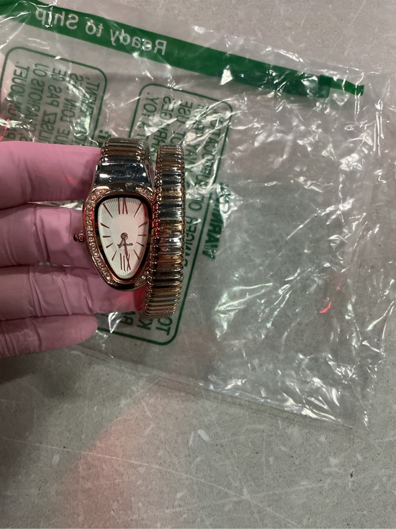 Condition photo showing Good Condition for gosasa snake bracelet watch for women, elegant wrap around bangle wristwatch, fashion jewelry style quartz watch, adjustable cuff serpenti watch for dress & gift a-rose silver white