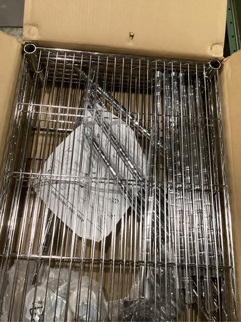 Condition photo showing New/Like New for Garage Shelving with Wheels, 4 Tier Shelving Unit and Adjustable Feet, 865 lb High Capacity Rolling Storage Shelf for Kitchen, Office, Dining Room, Garage, Chrome Chrome 4-Tier with Wheels