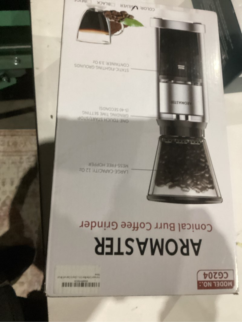 Condition photo showing New/Like New for Aromaster Burr Coffee Grinder with 48 Gind Settings, Conical Coffee Bean Grinder for Home Use,Stainless Steel,40 Seconds Adjustable Timer,Anti-static,Easy to Clean with Brush Lunar Silver