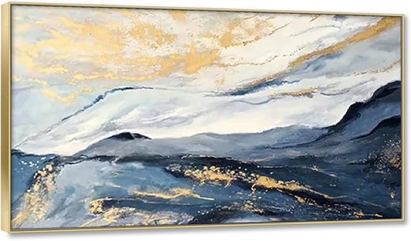 RKGHDCX Canvas Print Wall Art Abstract Painting on Canvas,Minimalist Wall Art blue gold Abstract Pictures Artwork for Living Room Bedroom Office Home Decorations70x140cm(28x55in) gold frame