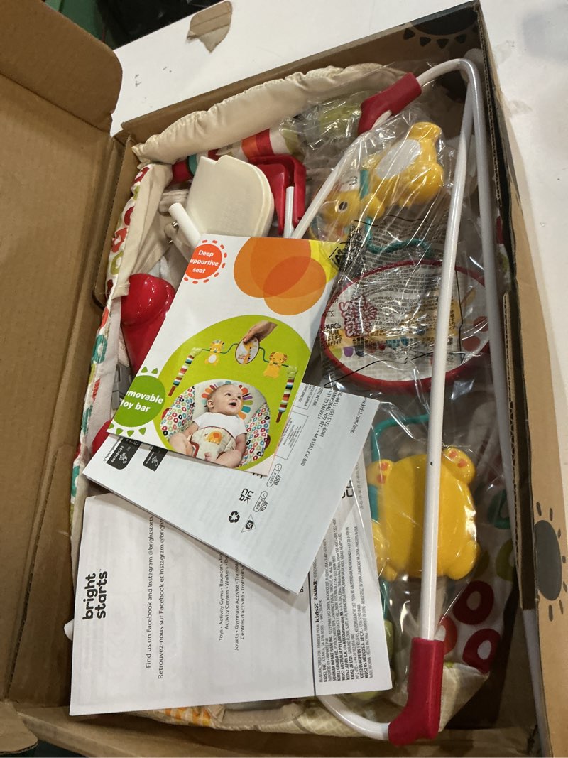 Condition photo showing As Is for Bright Starts Portable Baby Bouncer Soothing Vibrations Infant Seat with Removable-Toy-Bar, 0-6 Months 6-20 lbs (Playful Pinwheels)