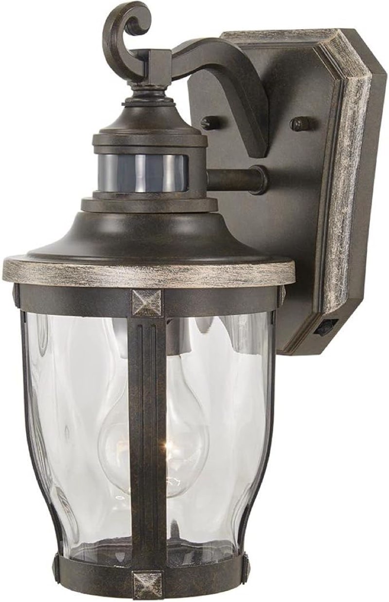 1-light bronze with gold highlights motion sensing outdoor wall mount lantern