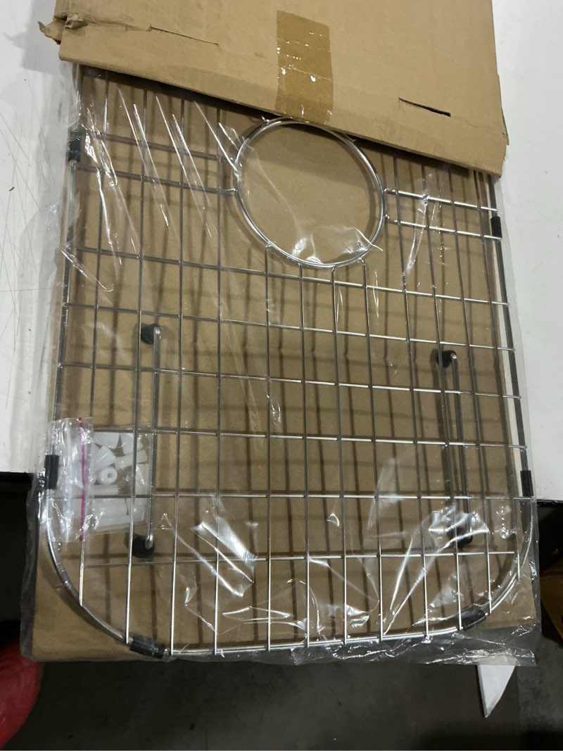 Condition photo showing Good Condition for sink protector grid 26-1/16" x 14-1/16",centered drain with corner radius 3-1/2", stainless steel material(centered drain)