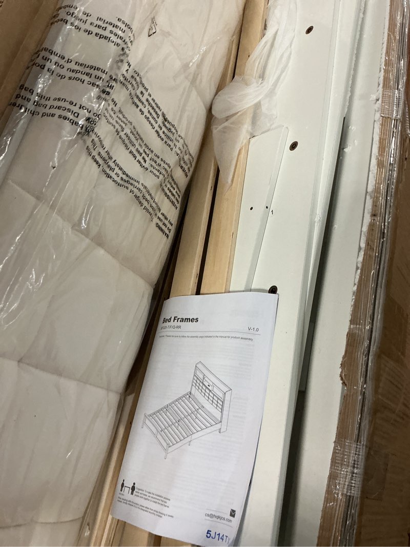 Condition photo showing As Is for rolanstar bed frame full size with charging station, bookcase headboard bed with led light and sliding doors, platform bed with wooden slats, no box spring needed, noise free, white