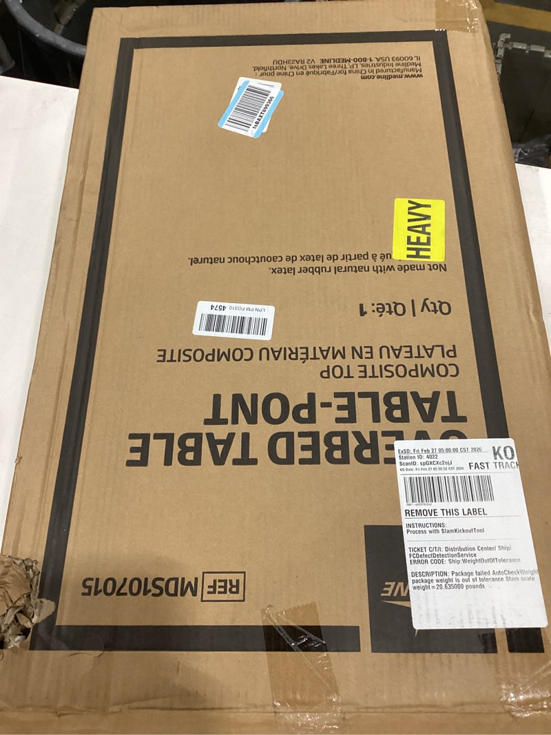 Condition photo showing As Is for medline adjustable overbed bedside table with wheels, great for hospital use or at home as bed tray, composite table top