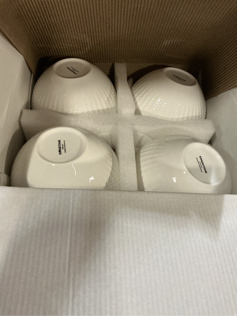 Condition photo showing New/Like New for kingstone bone china dinnerware set, 24-piece white lightweight porcelain for 8, plates and bowls with rhombus patterned edge design, microwave and dishwasher safe, for family, restaurant, gifting white service for 8-24pcs