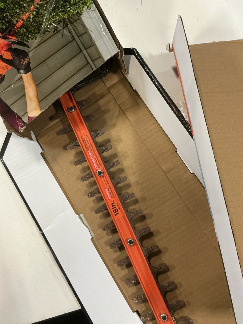 Condition photo showing As Is for black+decker 20v max hedge trimmer cordless, 18 inch, battery and charger included, light weight reduced vibration bush trimmer hedger (lht218c1)