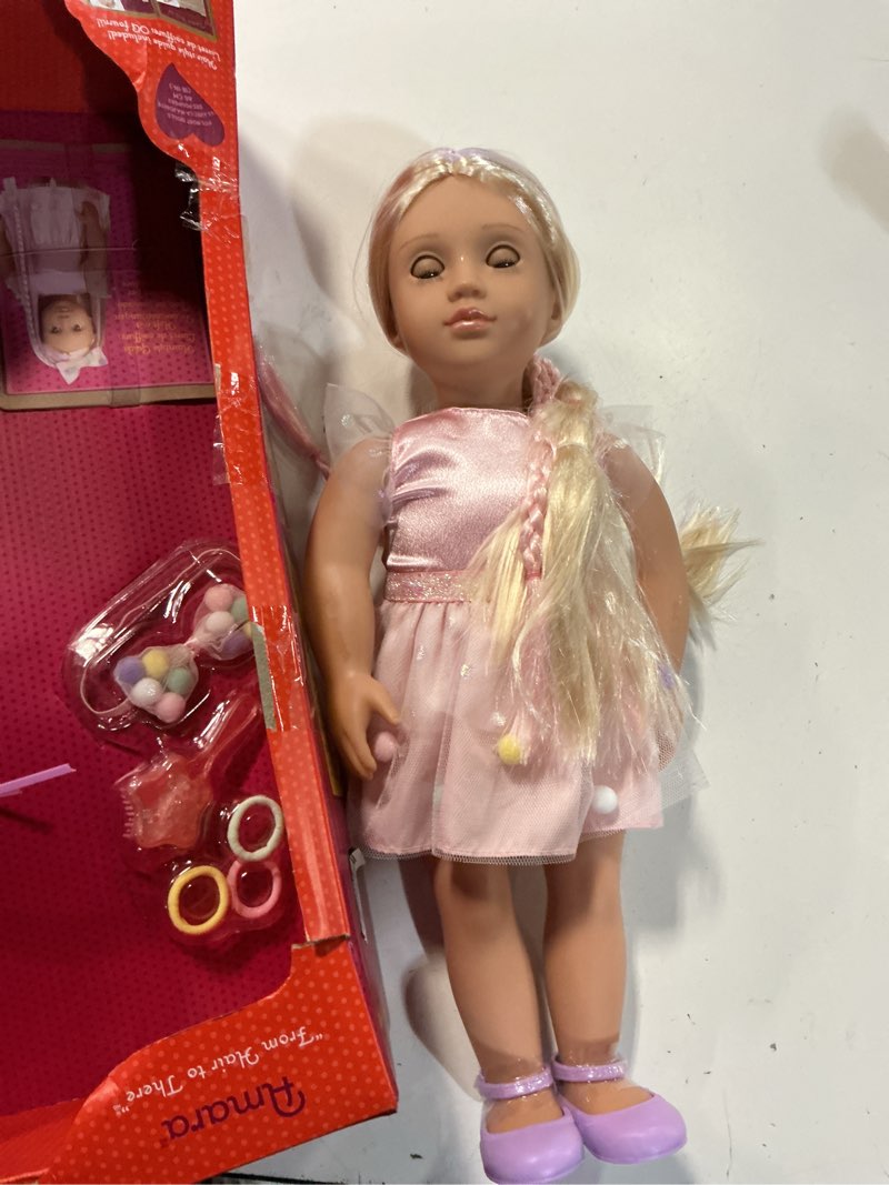 Condition photo showing Good Condition for our generation amara 18" hair grow doll with hair clips & styling book accessories