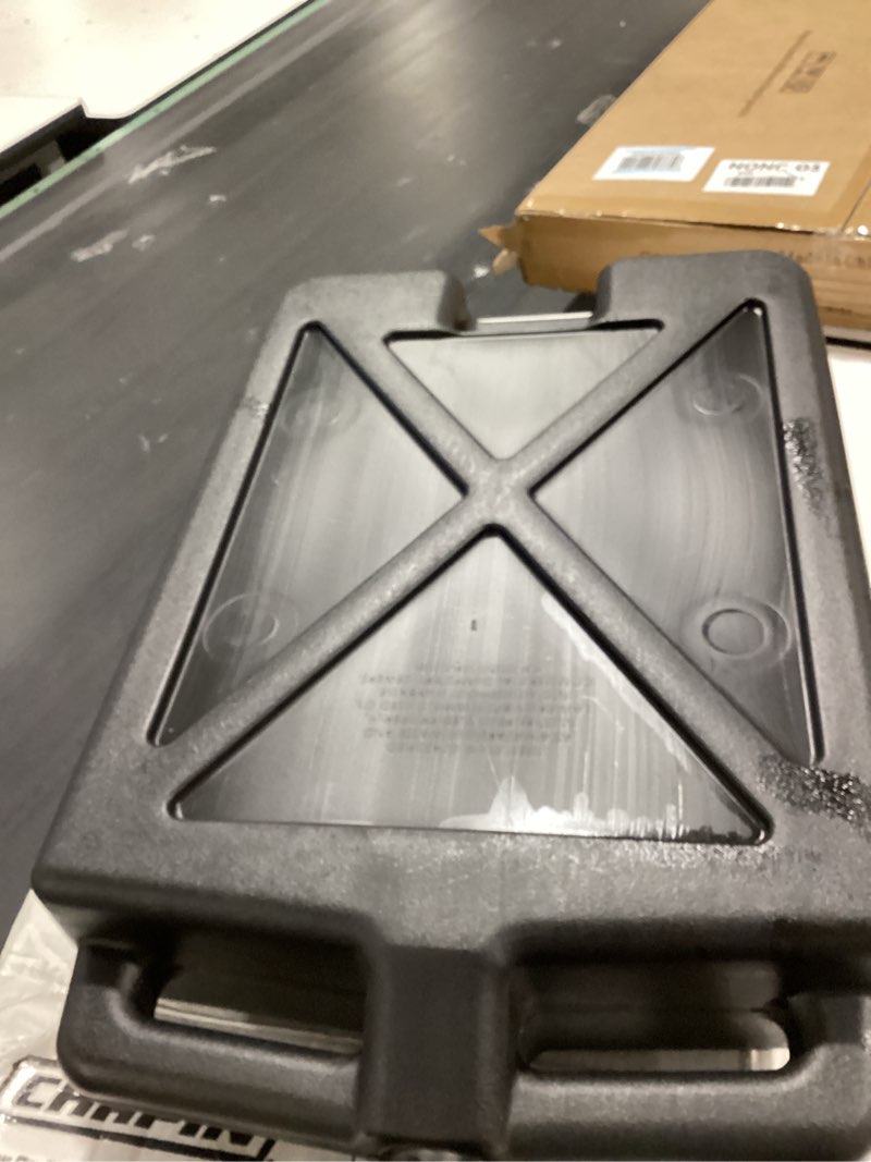 Condition photo showing As Is for chapin 78005 oil drain pan, 12?quart low?profile automotive drain container, recycled polymer construction, large splash?free target area & built?in carry handles for easy oil & coolant changes