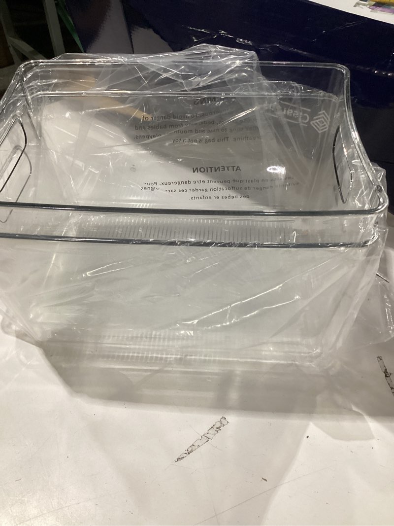 Condition photo showing As Is for ClearSpace Clear Plastic Storage Bins – Pantry Organizers & Storage Containers, Cabinet Organizer - Home Organization Must Haves for Kitchen, Laundry Room, Office, Closet, Garage & Freezer 