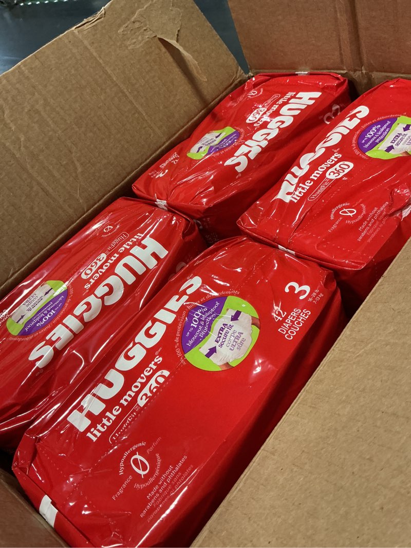 Condition photo showing New/Like New for huggies size 3 baby diapers, little movers huggfit 360° baby diapers with 360° waistband, size 3 (16-28 lbs), 168 count (3 packs of 56), packaging may vary size 3 168