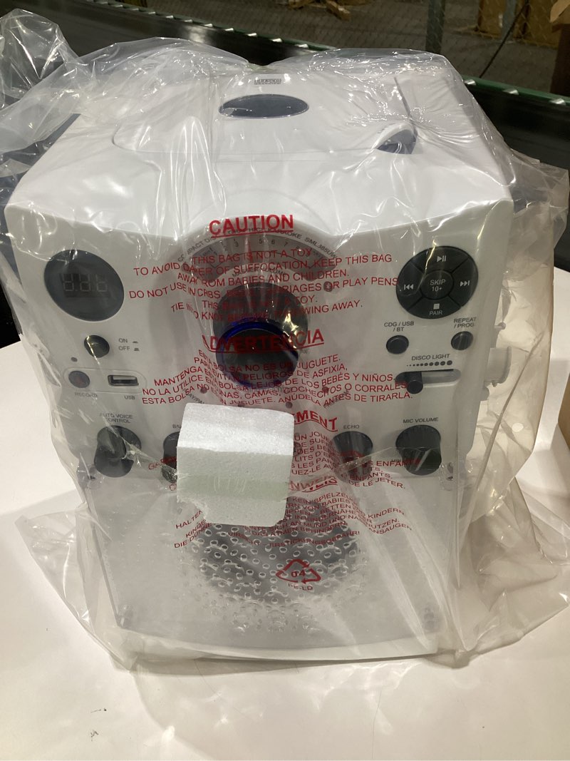 Condition photo showing Good Condition for Singing Machine Portable Karaoke Machine for Adults & Kids with Wired Microphone, White - Built-In Speaker, Bluetooth with LED Disco Lights - Karaoke System with CD+G Player & USB Connectivity White Home Karaoke, NOT TESTED