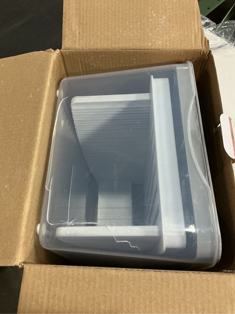 Condition photo showing As Is for Upgrade Bread Slicer for Homemade Bread with Bread Box, Bread Slicing Guide Adjustable Width, Foldable and Compact Cutting Guide with Crumb Tray, Suitability for Homemade Bread, Bagels,Cakes Bread Slicer with box
