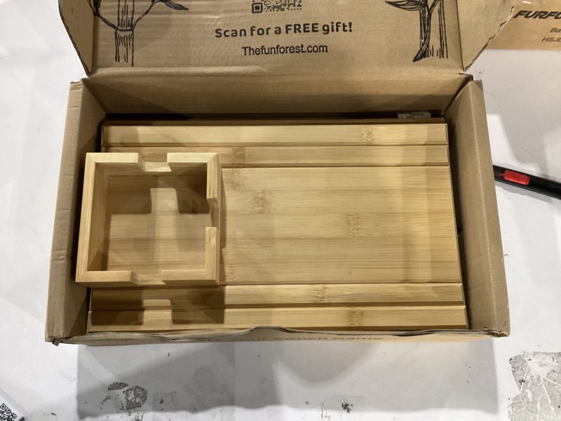 Condition photo showing New/Like New for Bamboo Couch Cup Holder for Drink & Snack, Couch Arm Table & Couch Armrest Tray with Couch Cup Holder Tray Table for Couch, Recliner, or Loveseat, Couch Caddy.