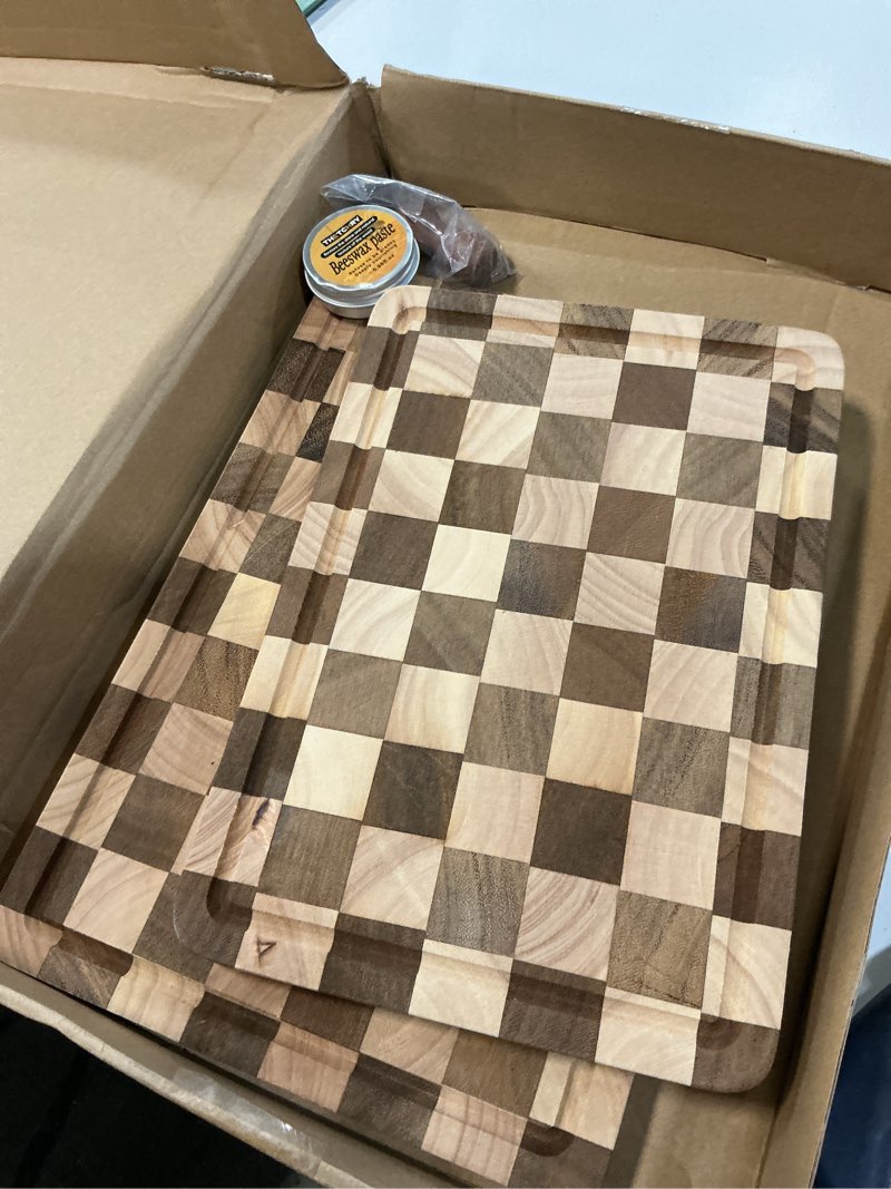 Condition photo showing As Is for checkered cutting boards for kitchen, wooden cutting board set, acacia chopping board with juice grooves & handles, butcher block serving tray for meat, vegetables and fruits, 3pcs 17\\\" x 12\\\" x 1.6\\\" (2 pieces )
