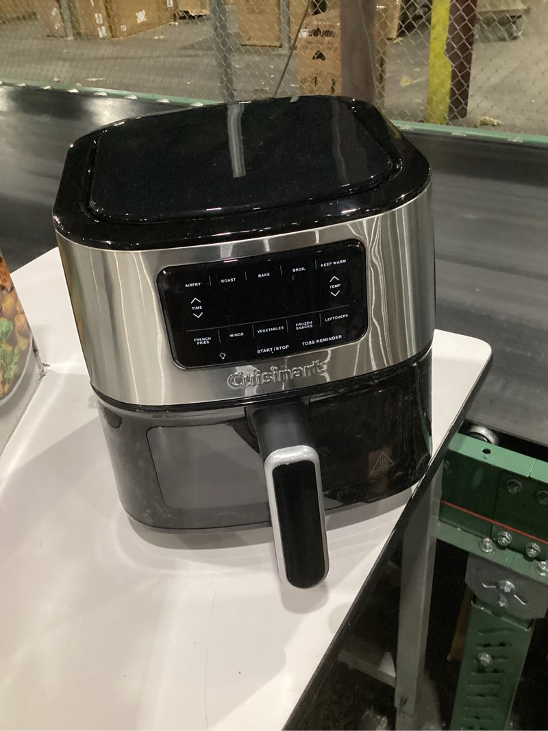 Condition photo showing Good Condition for (not tested)cuisinart air fryer, 6-quart basket large fryer with 5 cooking functions to roast, bake, broil, air fry and keep warm, 5 airfryer presets, dishwasher-safe parts, air-200nas, stainless steel & black 6 qt. window