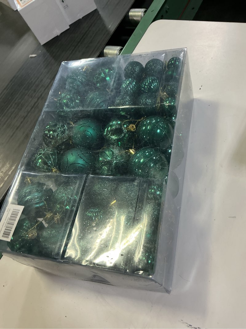 Condition photo showing New/Like New for 100Pcs Green Christmas Ball Ornaments Set, Shatterproof Plastic Dark Hunter Green Christmas Bulbs for Xmas Tree, Assorted Baubles Hanging Decorations for Holiday/Party/Wedding Dark Green