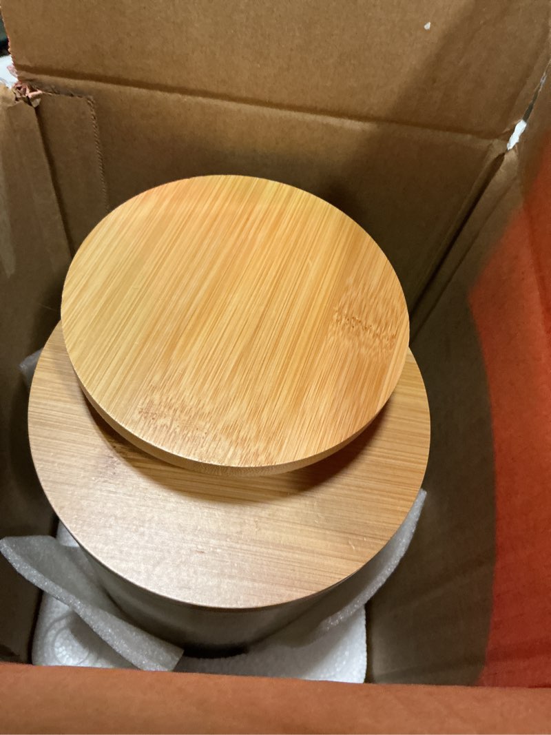 Condition photo showing Good Condition for vancasso sabine ceramic canister set with airtight wood lids - 3-piece kitchen storage for flour, sugar, coffee, tea & spices - modern countertop decor 18/36/74 oz