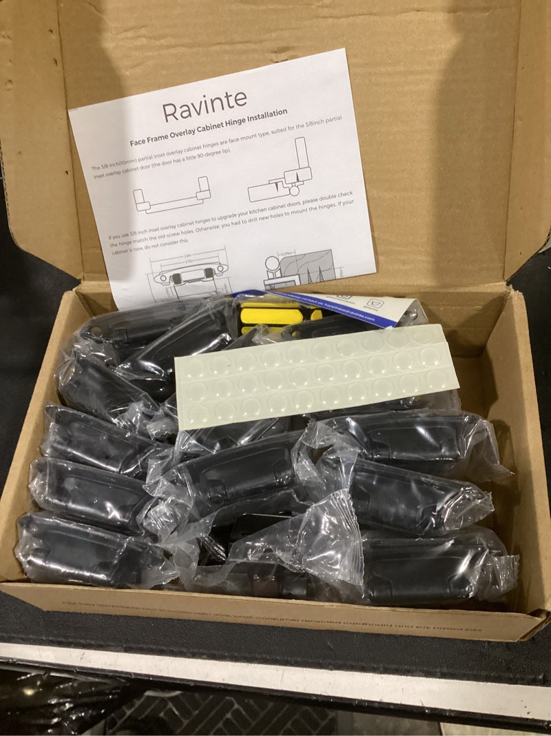 Condition photo showing Good Condition for ravinte 30 pack 15 pairs 3/8 inch inset cabinet door hinges kitchen black semi-concealed hinges face mount self-closing cabinet hardware with bumpers & screwdriver 30 3/8 inch inset
