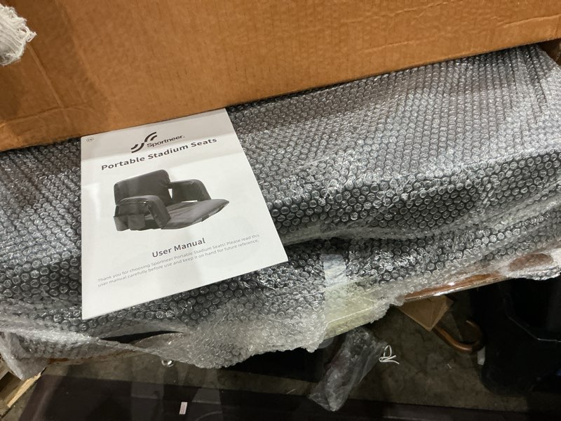 Condition photo showing Good Condition for sportneer stadium seats with back support: 2.5'' thick comfy cushion 6 adjustable angle bleacher seat with armrest - 2 large pockets, 2 cup holders stadium chair for sport events concerts parks black, 2 pack non-heated, extra wide - 24"