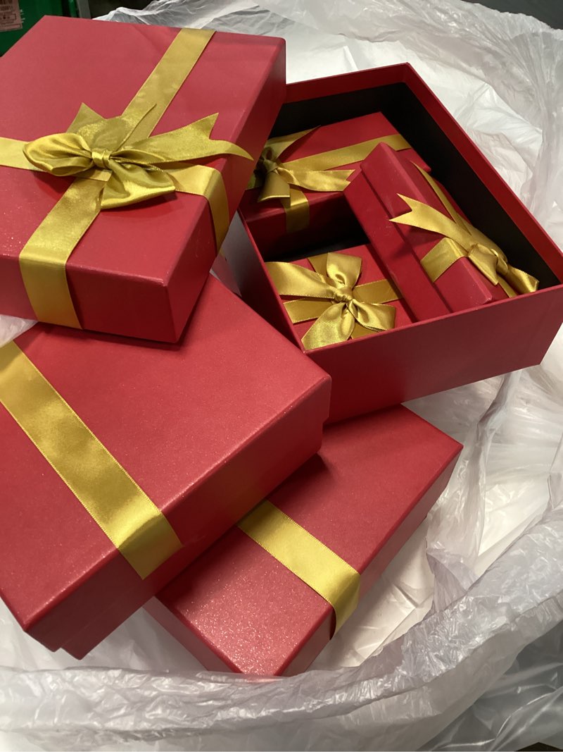 Condition photo showing Good Condition for Tenceur 10 Pcs Gift Boxes with Lids Heavy Duty Nested Assorted Sizes Cardboard Gift Boxes for Presents with Ribbon for Xmas Holiday Present(Red, Gold,5 Size) Red, Gold 10 Boxes (5 Sizes)