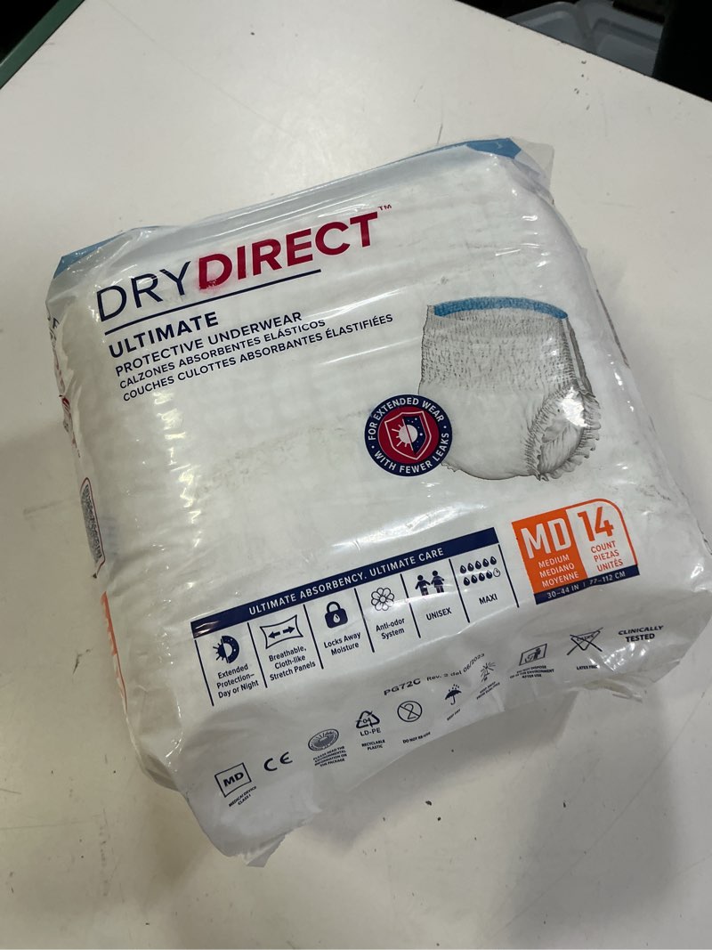 Condition photo showing New/Like New for dry direct ultimate protective underwear, soft cloth-like adult diapers, max absorbency disposable incontinence protection - medium (pack of 14)