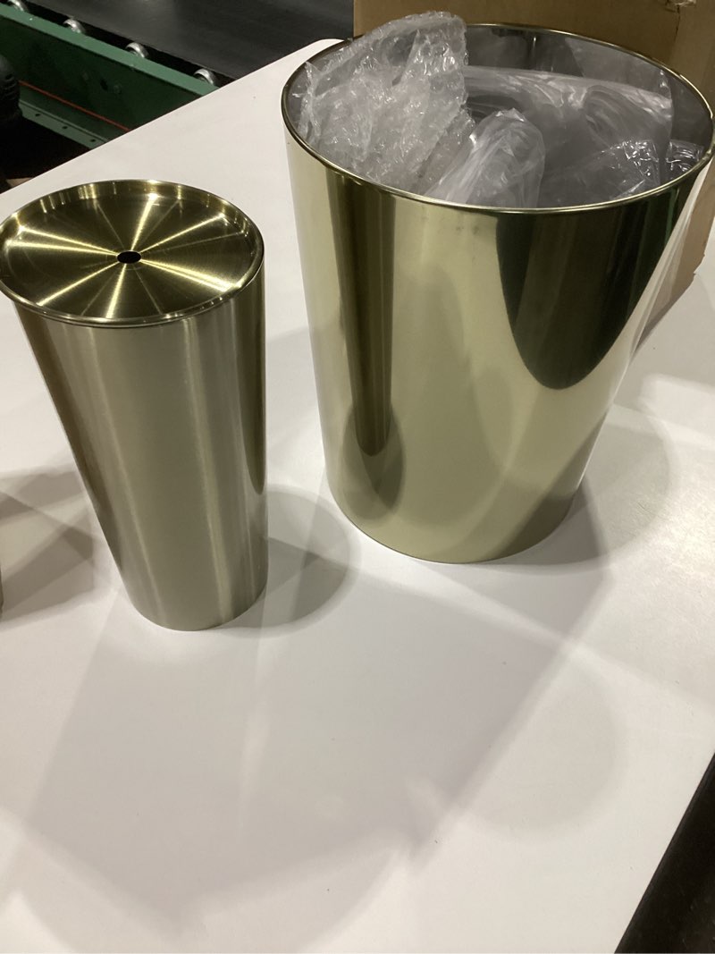 Condition photo showing Good Condition for mdesign round metal modern compact freestanding plastic toilet bowl brush and round wastebasket garbage can combo set for bathroom storage - sturdy  deep cleaning - set of 2 - brass