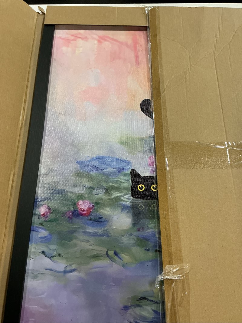 Condition photo showing Good Condition for krtoni framed funny black cat canvas wall art, black cat in the pink water lily wall decor, vintage preppy aesthetic animal posters prints for living room bedroom bathroom decor 24''l x 16''w 24"l x 16"w lotus cat