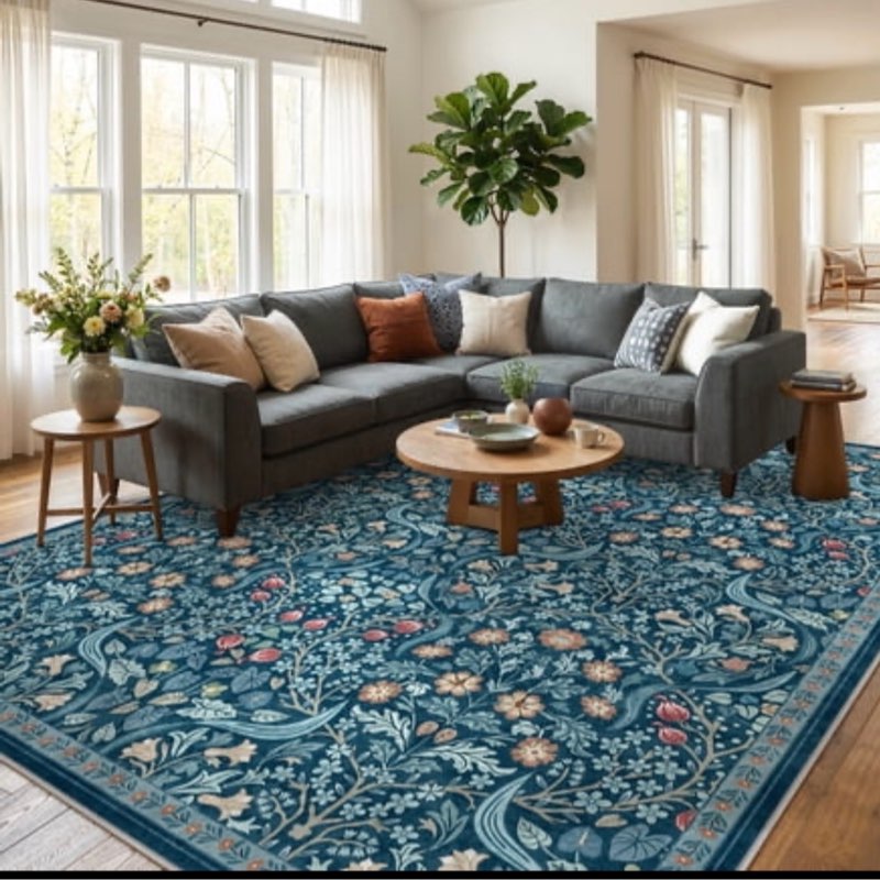 Lahome Washable 8 x10  Area Rug  Teal Floral Rugs for Living Room  Soft Non-Slip Ultra Thin Boho Carpet for Bedroom Dining Room Nursery  Botanical Large Area Rugs  Teal