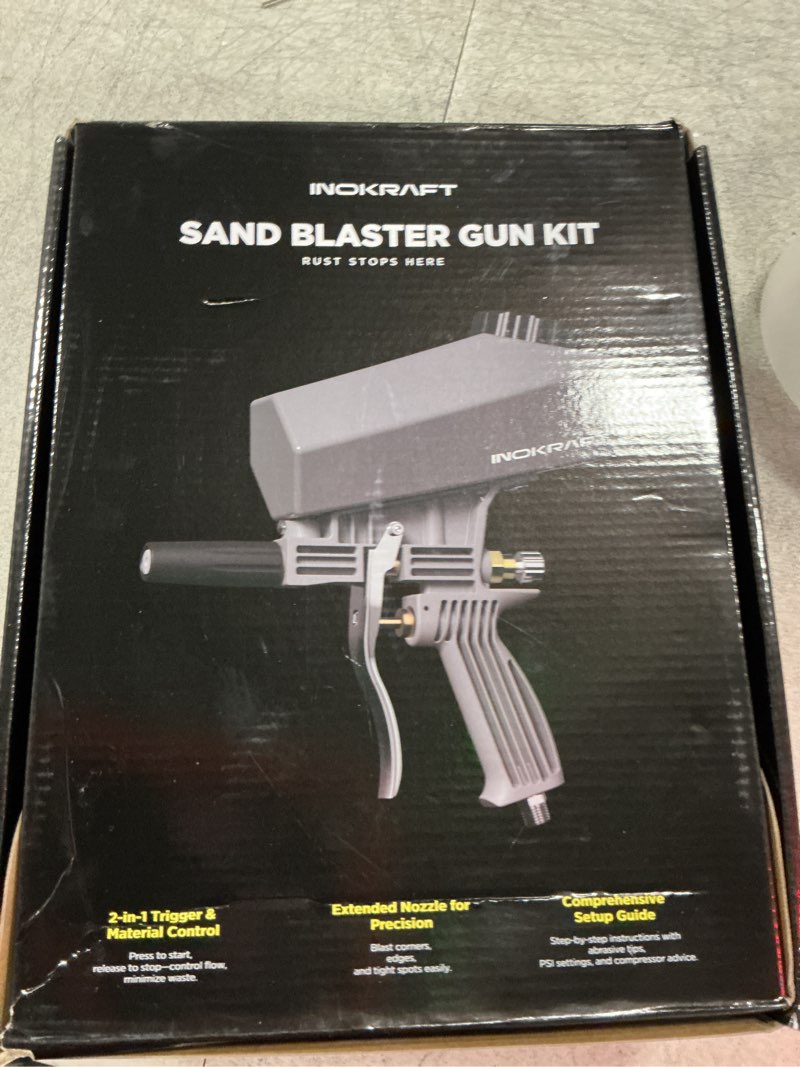 Condition photo showing New/Like New for inokraft leak-proof portable sand blaster gun kit with oil-water separator & extension nozzle,mini sandblaster for rust & paint removal, compatible with aluminum oxide, sand, walnut shell & soda sandblaster gun premium kit