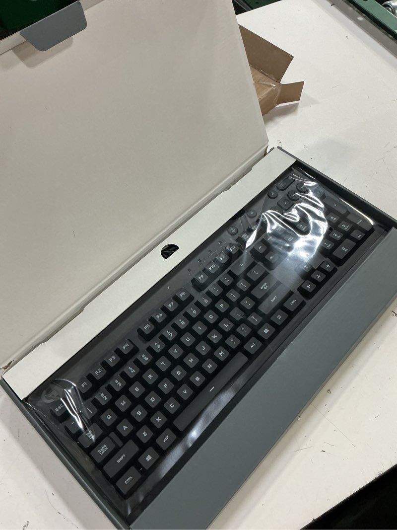Condition photo showing New/Like New for logitech g213 prodigy gaming keyboard - wired rgb backlit keyboard with mech-dome keys, palm rest, adjustable feet, media controls, usb, compatible with windows – black