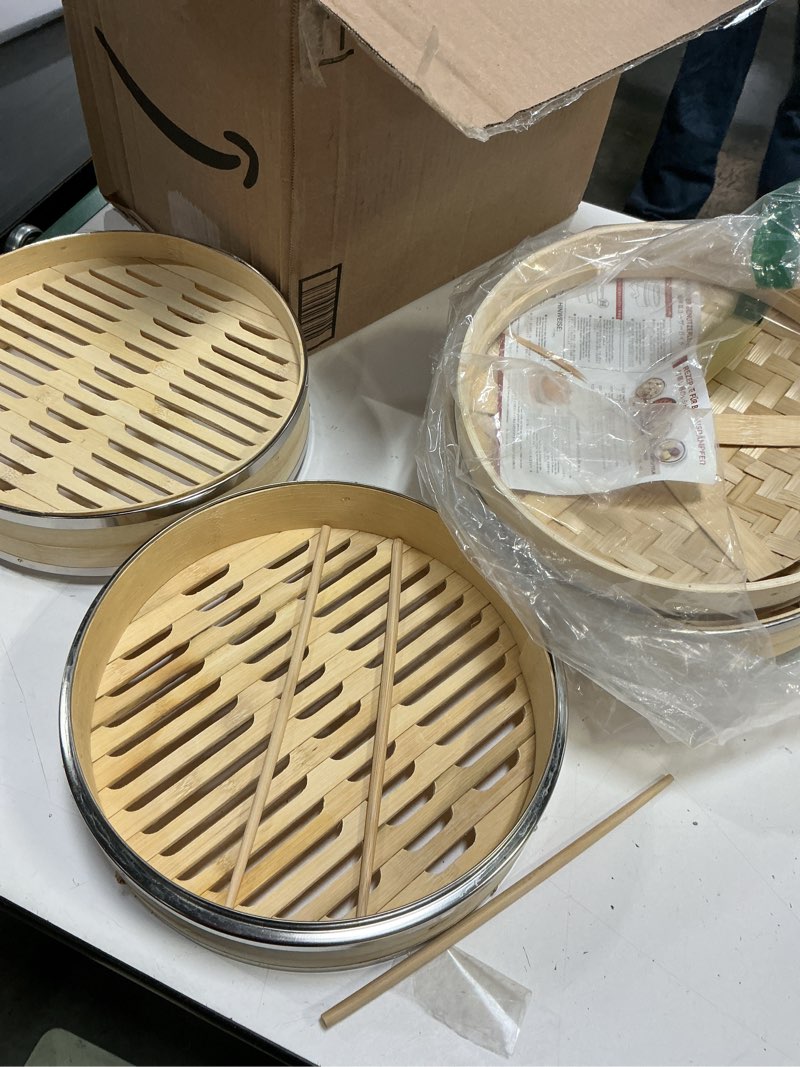 Condition photo showing Good Condition for 3 tier kitchen bamboo steamer with double stainless steel banding for asian cooking buns dumplings vegetables fish rice 10.6" 3 tier