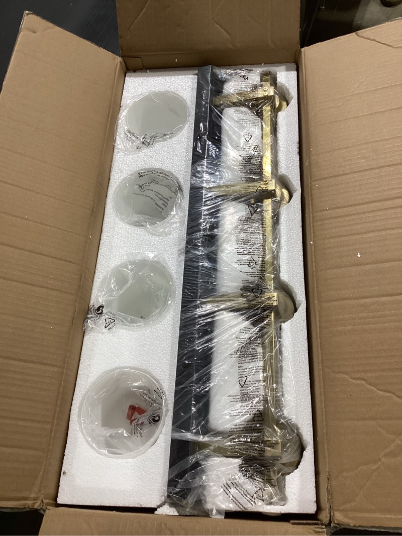 Condition photo showing Good Condition for 4 Light Modern Bathroom Light Fixtures Over Mirror, Black Gold Vanity Lights for Bathroom Wall Sconces with Milky White Glass Shades, E26 Socket (Bulbs Not Included) Black Gold - Milky White Glass Shades 4-Lights