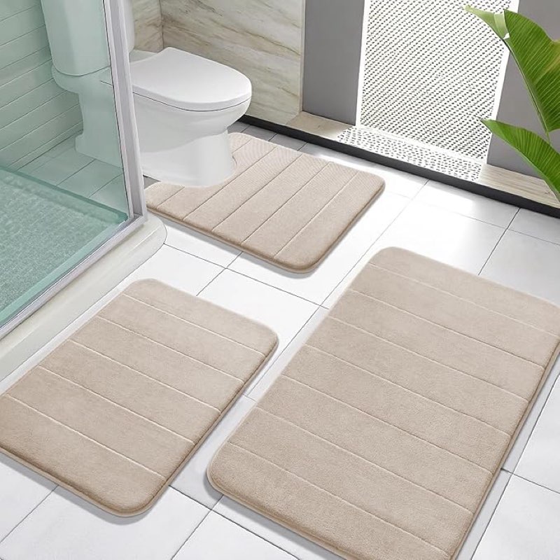 Yimobra Memory Foam Bath Mat Set 3 Pieces- Super Soft Absorbent Quick Dry Bathroom Rug Sets, Machine Washable Non Slip Floor Carpet for Tub Shower, Vanity & Toilet Base, Beige